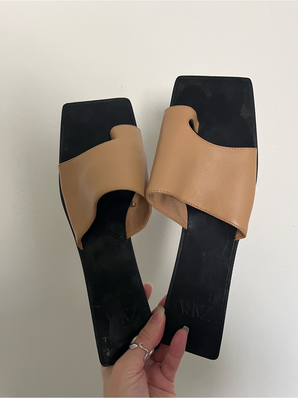 Zara Tan Leather Slide Sandals with Black Square Sole